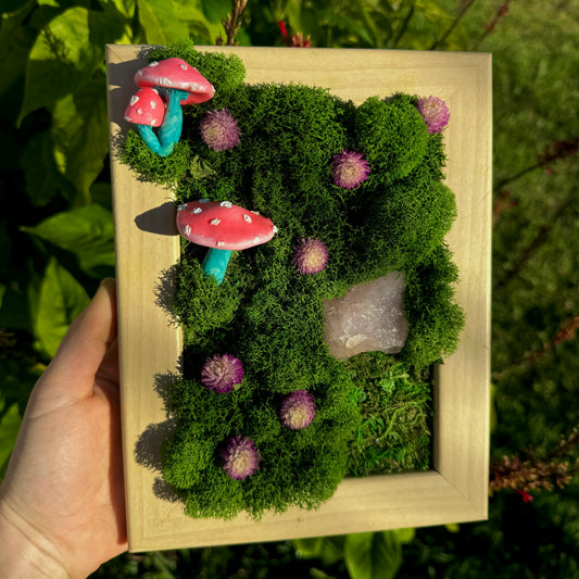 Rose quartz moss art with pink mushrooms