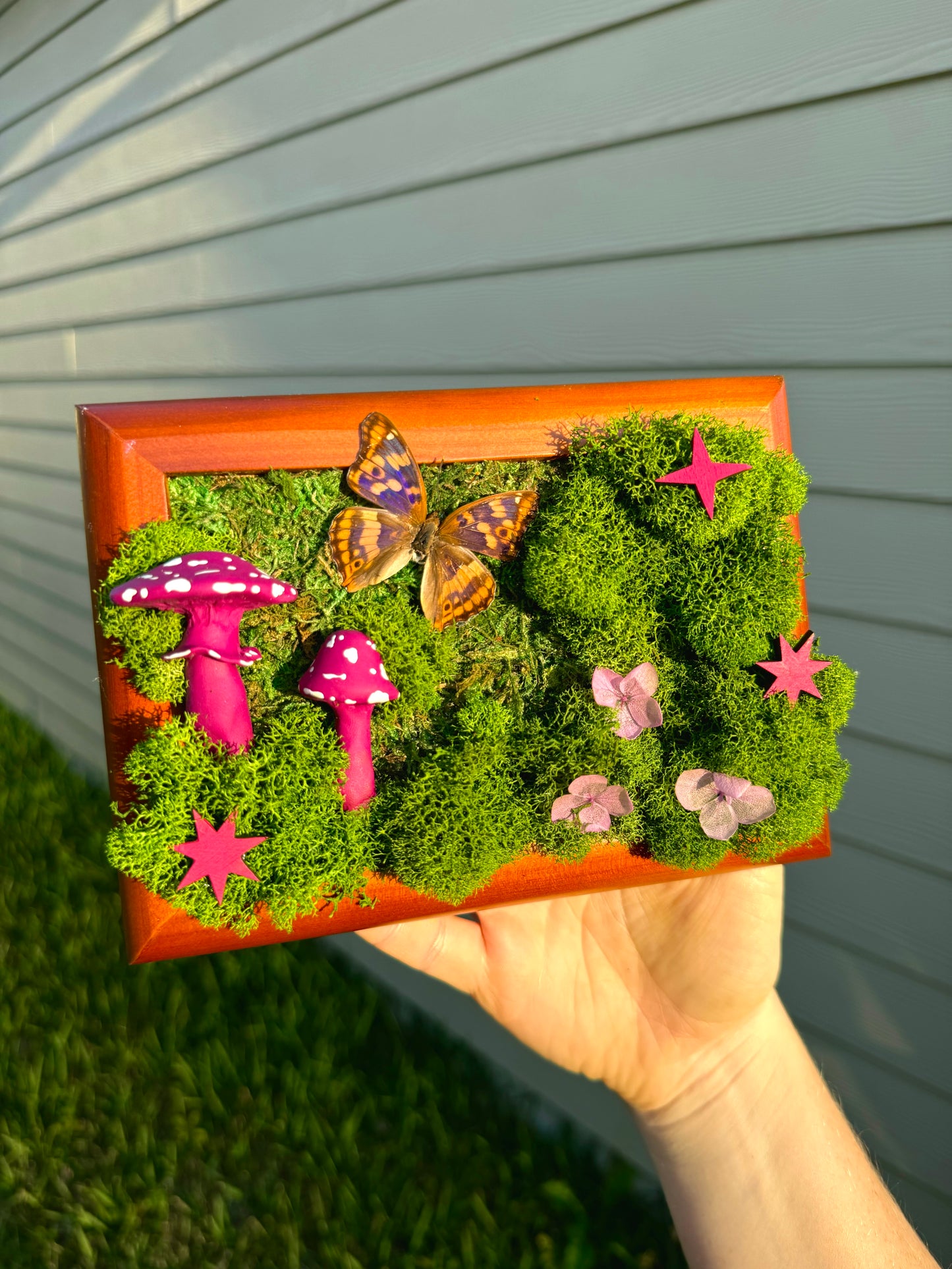 Moss art with purple Mushrooms and Purple Butterfly