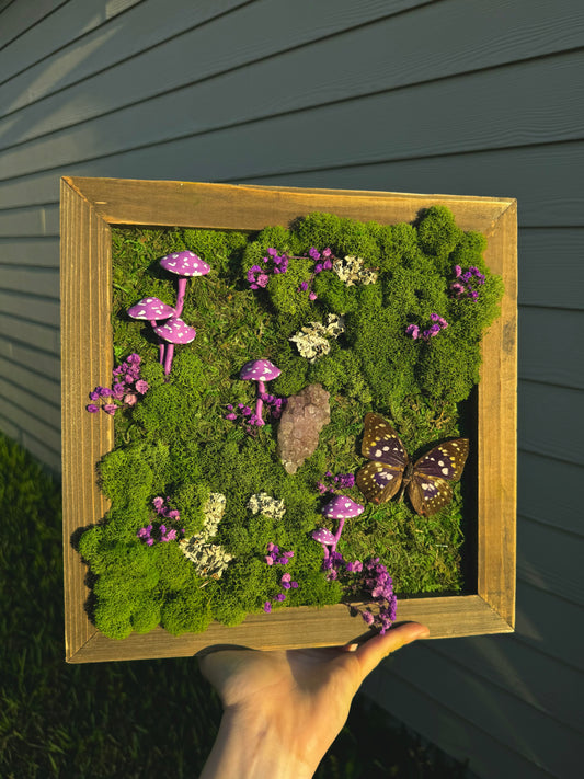 Moss art with Amethyst and Purple Mushrooms