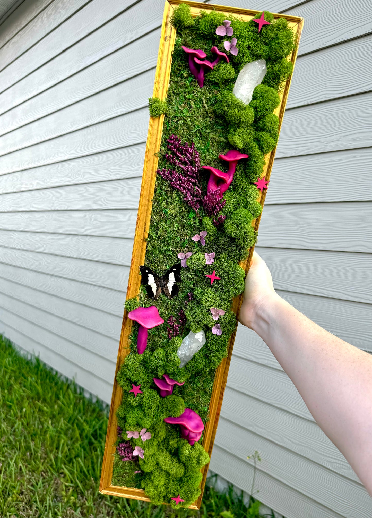Pink Mushroom and Clear Quartz Moss Art