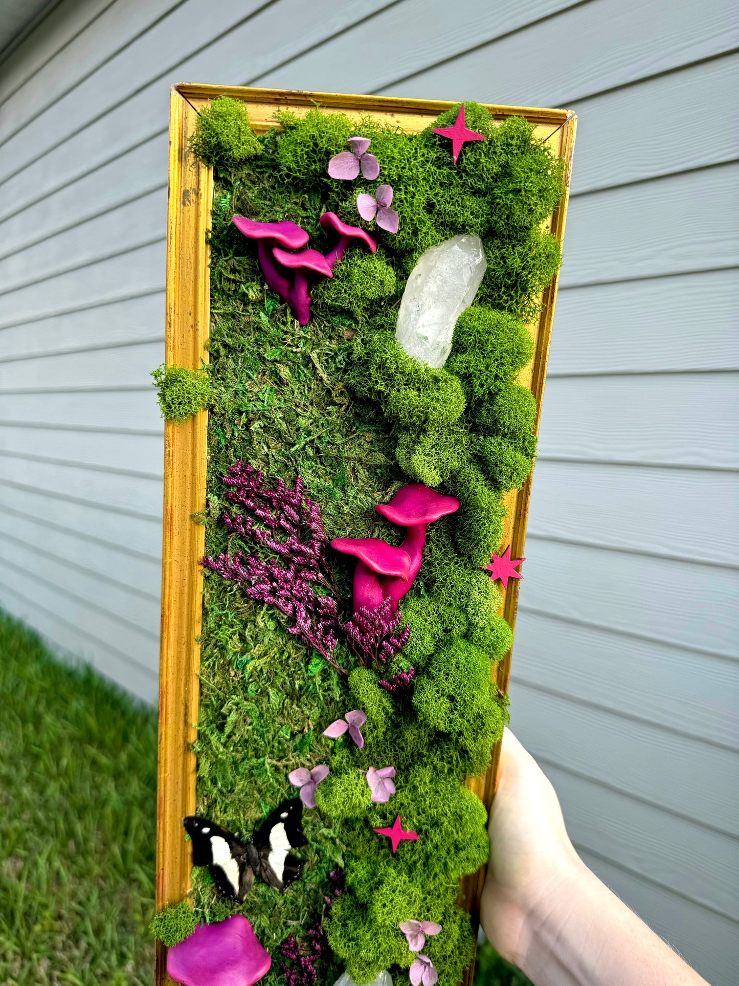 Pink Mushroom and Clear Quartz Moss Art