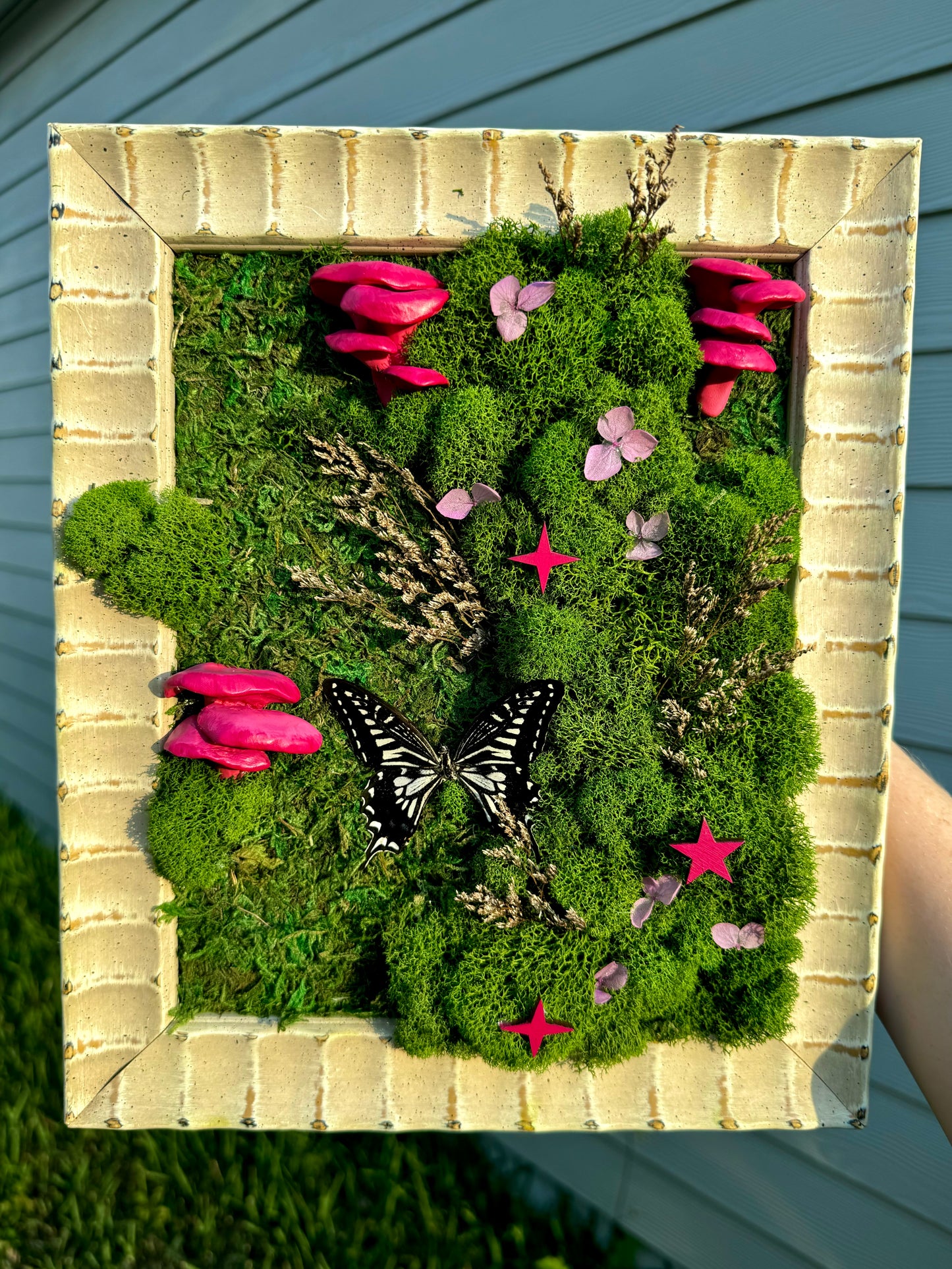 Moss art with Pink Mushrooms