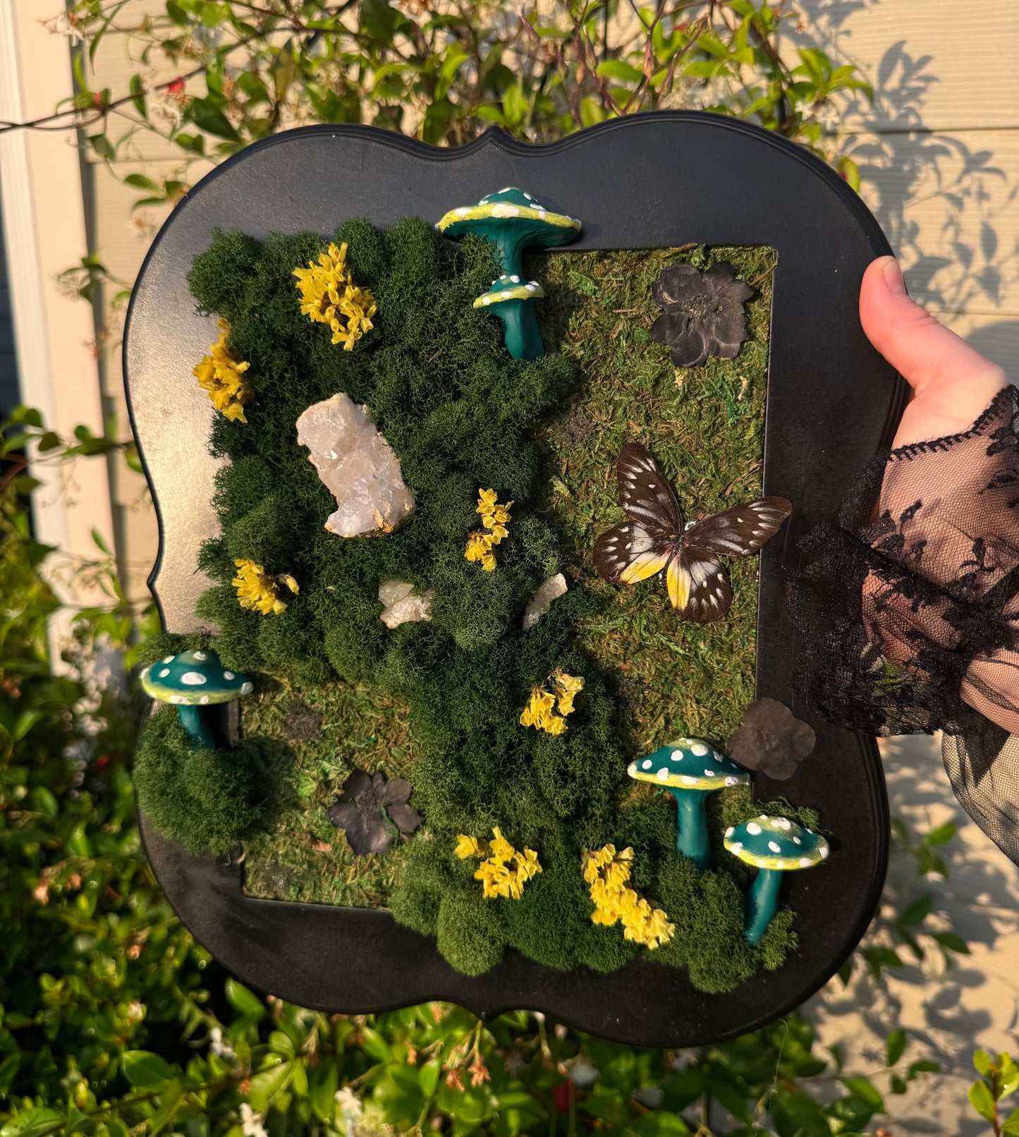 Teal mushrooms & yellow flowers