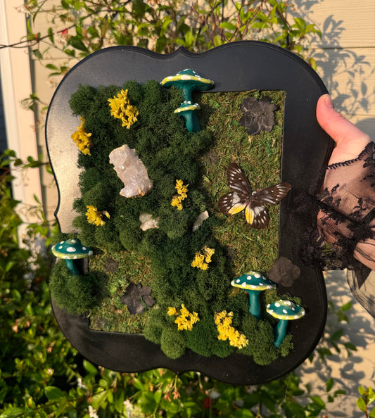 Teal mushrooms & yellow flowers