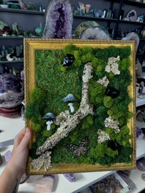 Moss art with inky milk cap mushrooms and obsidian