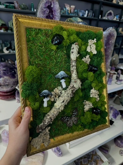 Moss art with inky milk cap mushrooms and obsidian