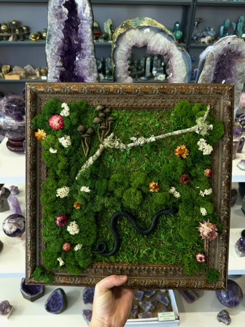 Moss art with black snake and mushrooms