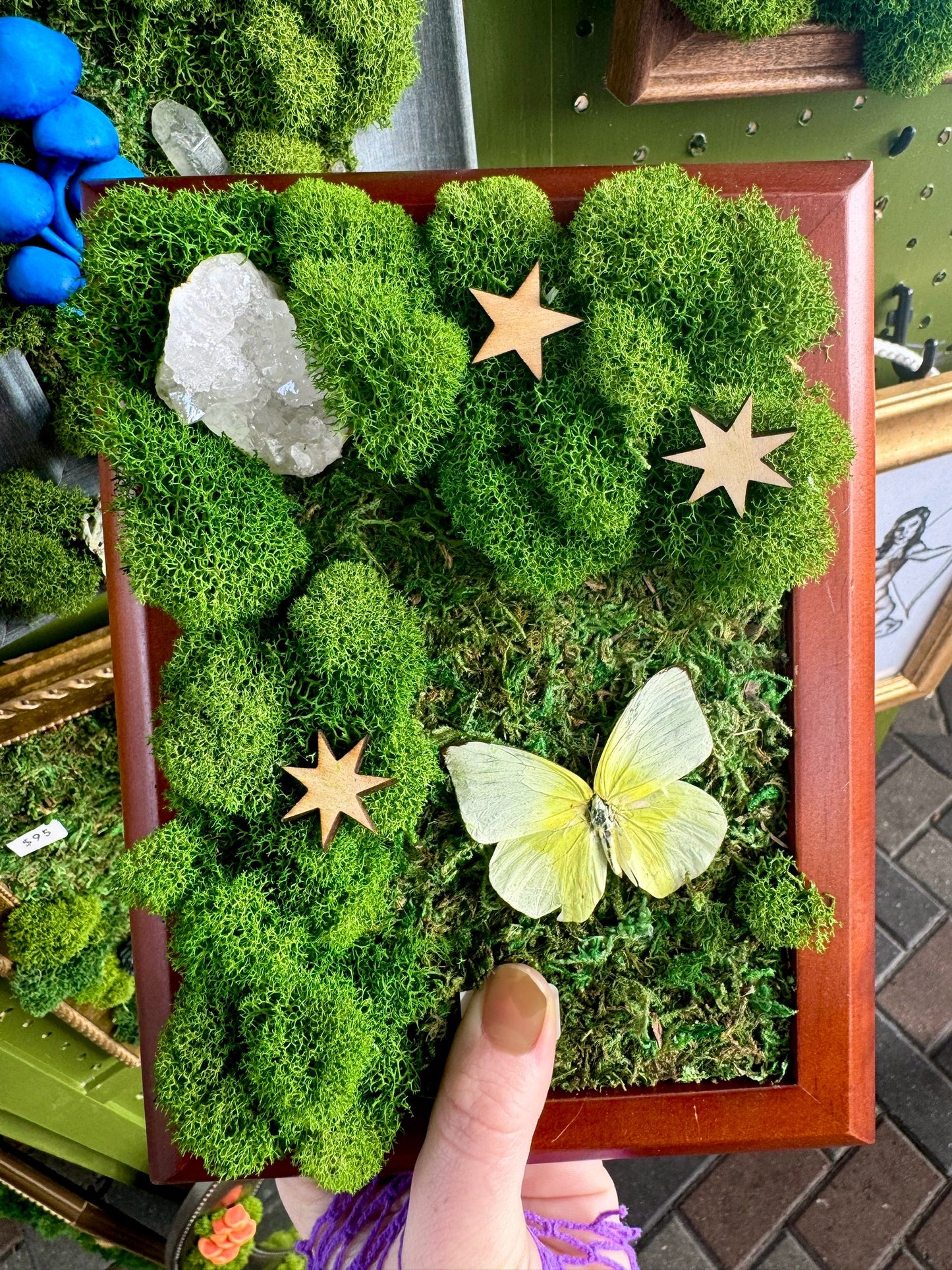 Moss art with stars and geode