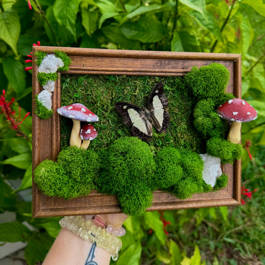 Moss art with amanita and quartz